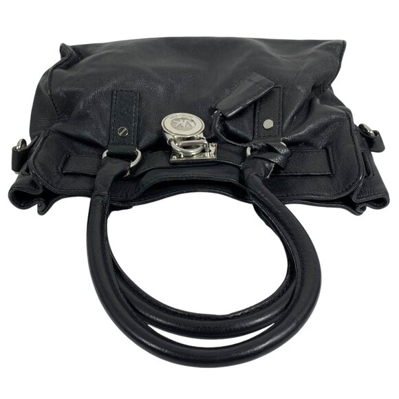 MICHAEL KORS Hamilton Black Leather Shoulder Handbag Silver Tone Lock/Key FLAW - Picture 6 of 13